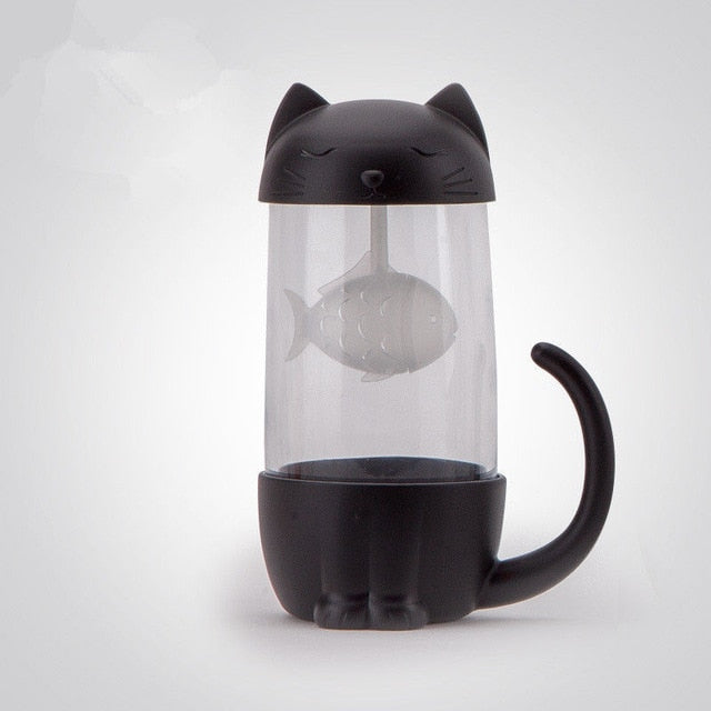 Lovely Glass Cup Tea Cat with Fish Filter Strainer Glass Cup Tea Infuser Filter Mug Home Office Container Gift